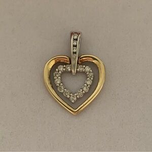 Vintage 10k Solid Gold 2-Tone Yellow & White Gold Real Diamonds Heart Pendant